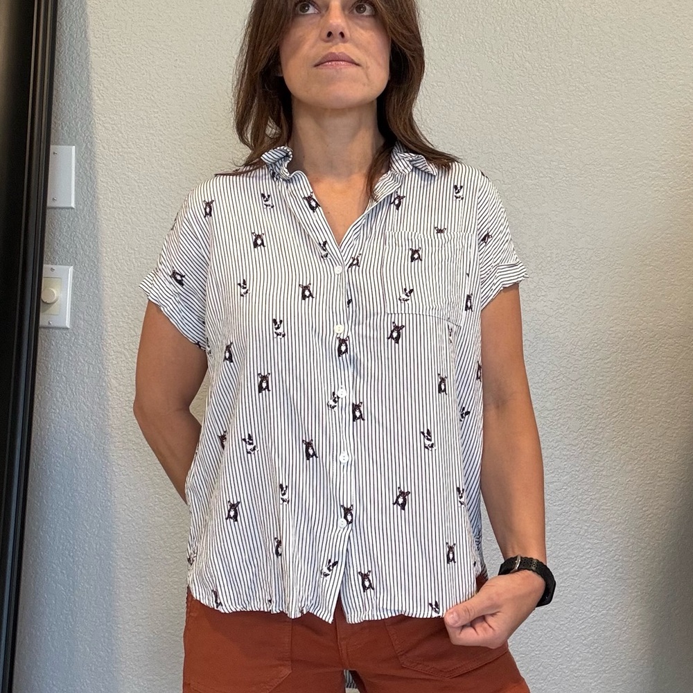Jane + Delancey Black and White French Bulldog Print Button-Down Shirt - Picture 9 of 10